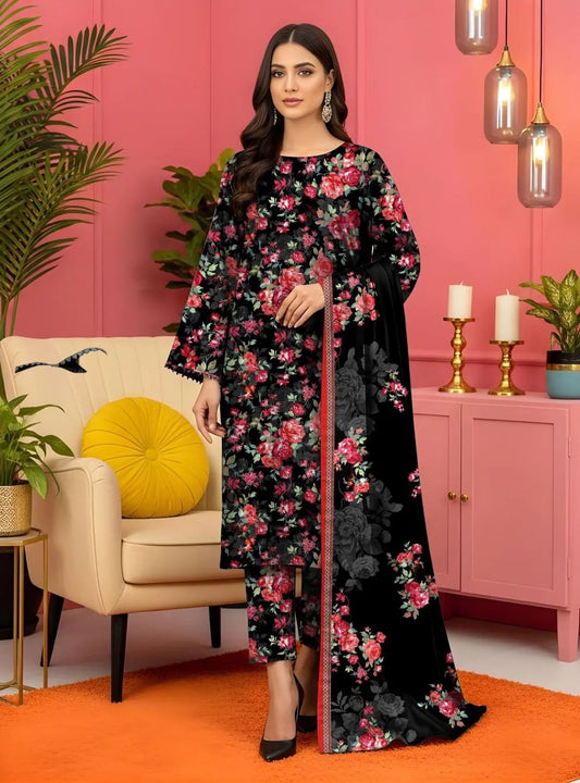 Elegant Black Lawn Printed 3-Piece Suit