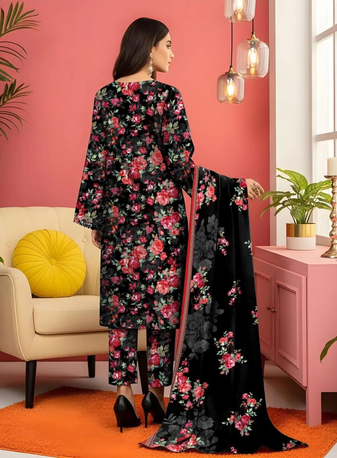 Elegant Black Lawn Printed 3-Piece Suit