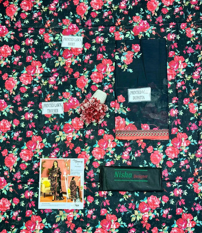 Elegant Black Lawn Printed 3-Piece Suit