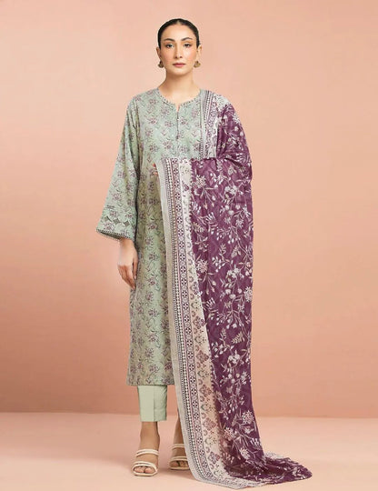 Elegant Grey Dobby Lawn Printed 3-Piece Suit