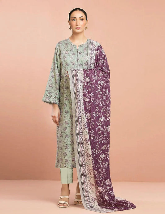 Elegant Grey Dobby Lawn Printed 3-Piece Suit